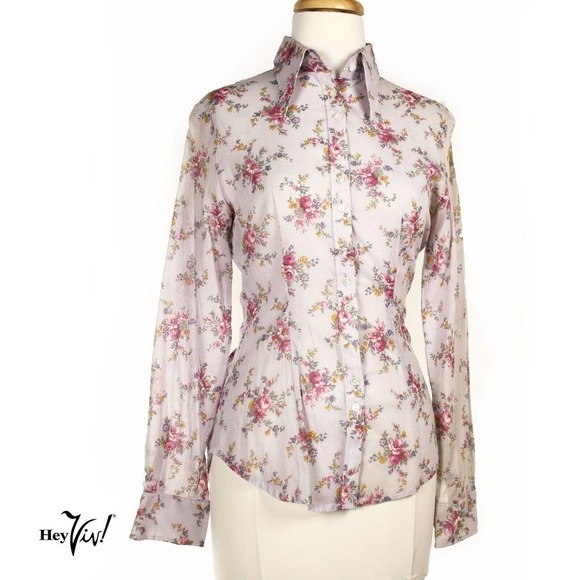 Vintage 70s Fitted Long Sleeve Semi Sheer Blue Pink Floral Blouse Sz S - Hey Viv - Picture 1 of 6